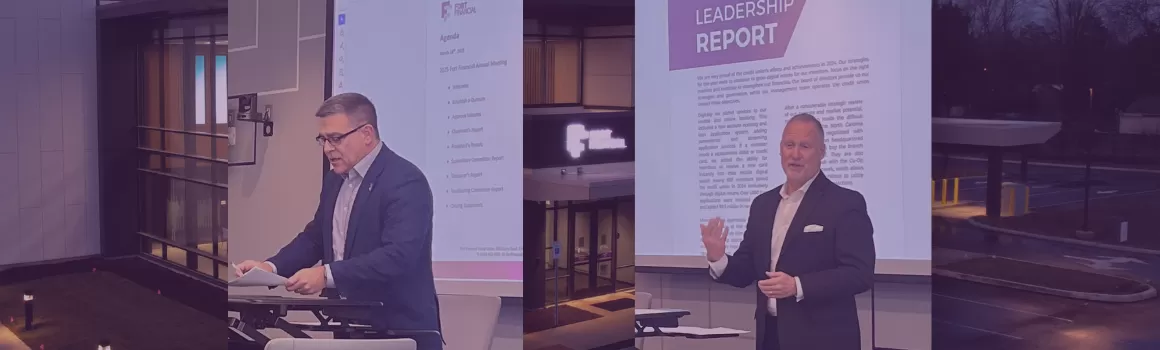 Jeff Leichty and Steve Collins photos on top of Fort Financial corporate office under purple gradient