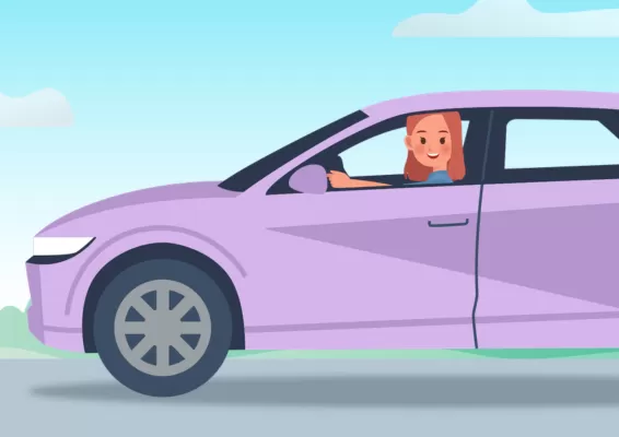 animated woman driving car and looking at viewer
